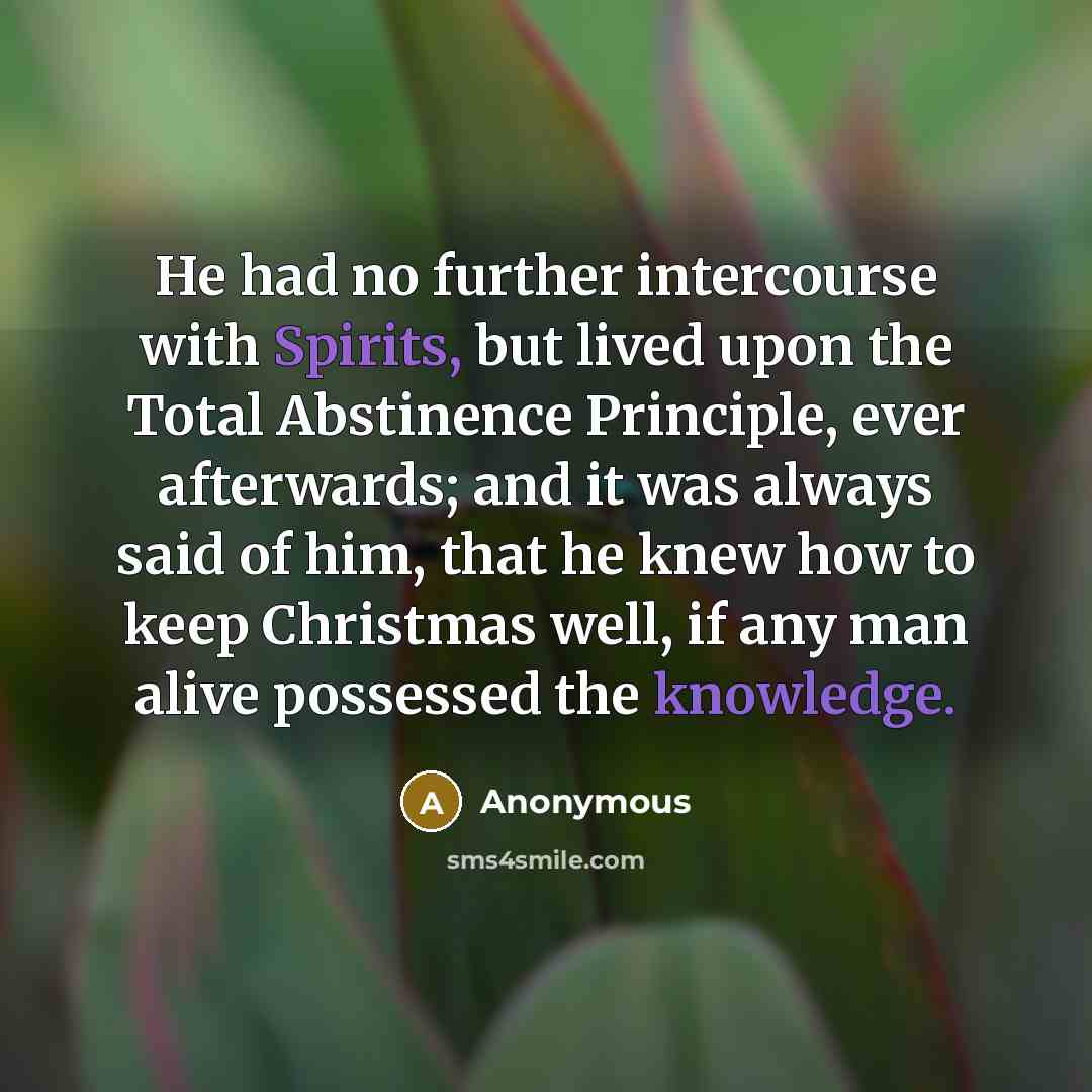 “He had no further intercourse with Spirits, but lived upon the Total Abstinence Principle, ever afterwards; and it was always said of him, that he knew how to keep Christmas well, if any man alive possessed the knowledge.” quote by Anonymous