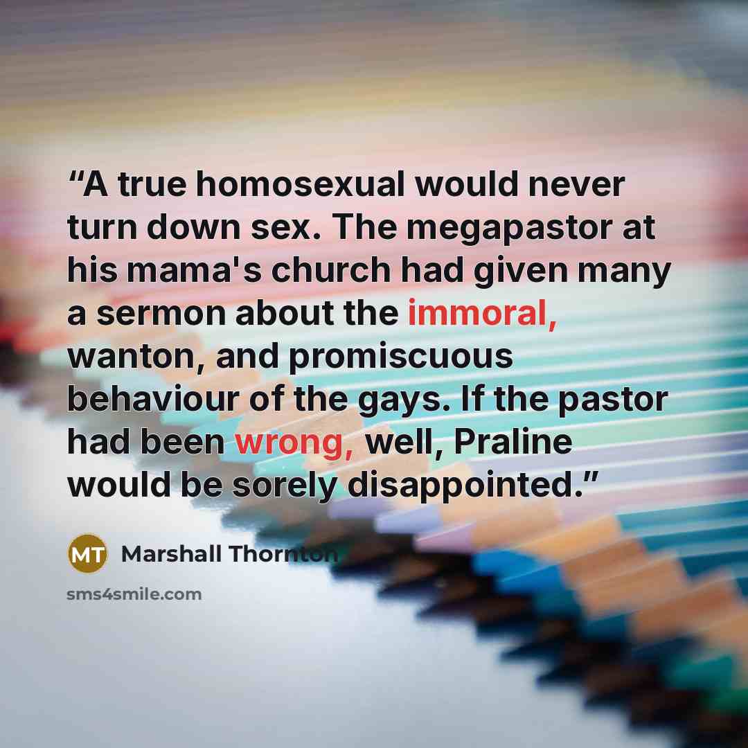“A true homosexual would never turn down sex. The megapastor at his mama's church had given many a sermon about the immoral, wanton, and promiscuous behaviour of the gays. If the pastor had been wrong, well, Praline would be sorely disappointed.” quote by Marshall Thornton