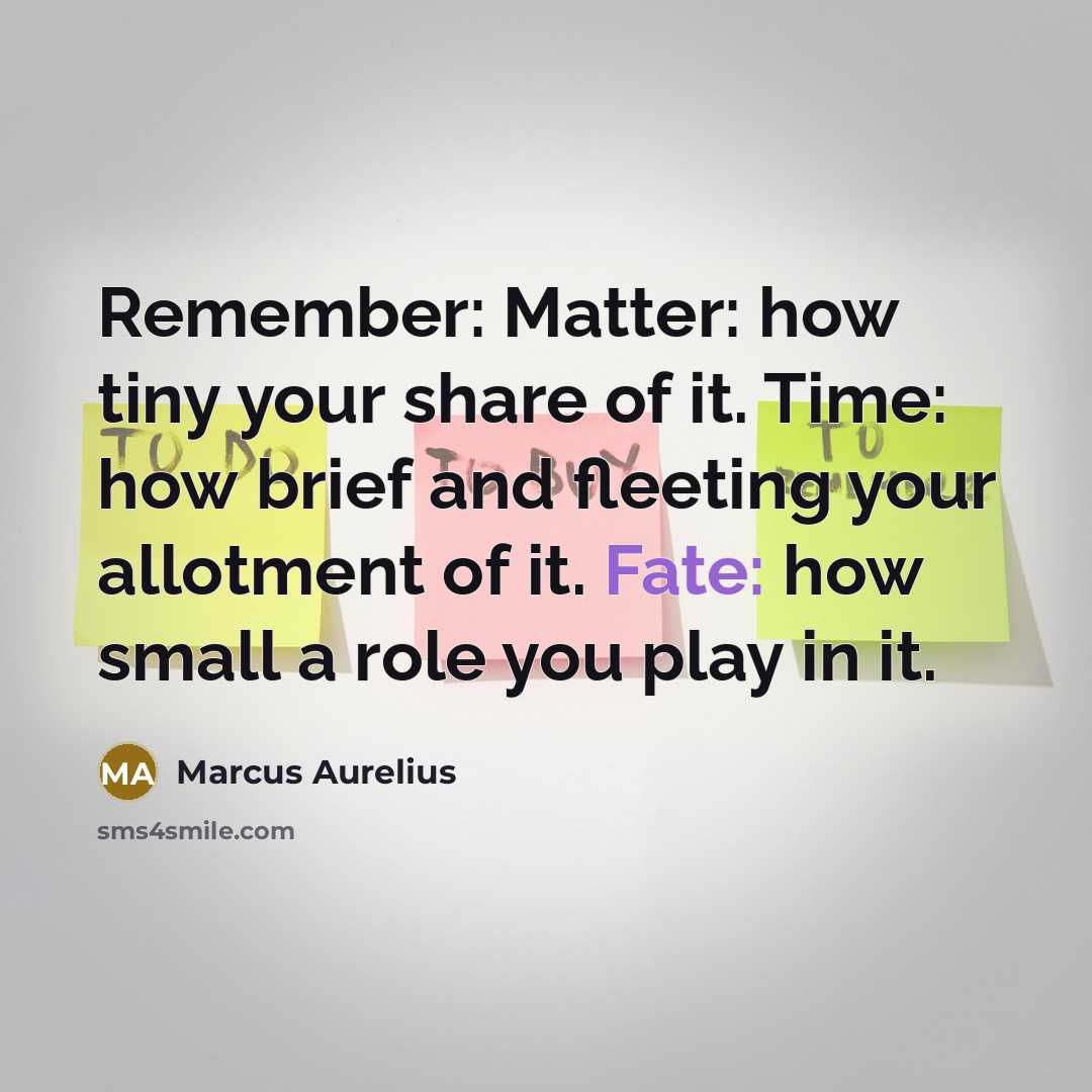 “Remember: Matter: how tiny your share of it. Time: how brief and fleeting your allotment of it. Fate: how small a role you play in it.” quote by Marcus Aurelius