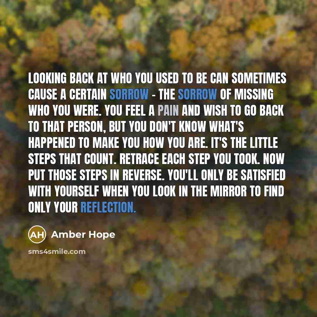 “Looking back at who you used to be can sometimes cause a certain sorrow - the sorrow of missing who you were. You feel a pain and wish to go back to that person, but you don't know what's happened to make you how you are. It's the little steps that count. Retrace each step you took. Now put those…” quote by Amber Hope