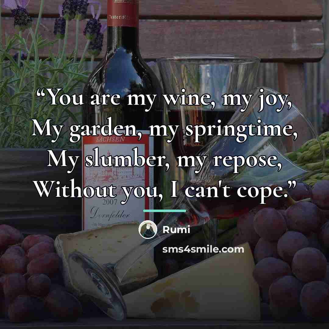 “You are my wine, my joy, My garden, my springtime, My slumber, my repose, Without you, I can't cope.” quote by Rumi