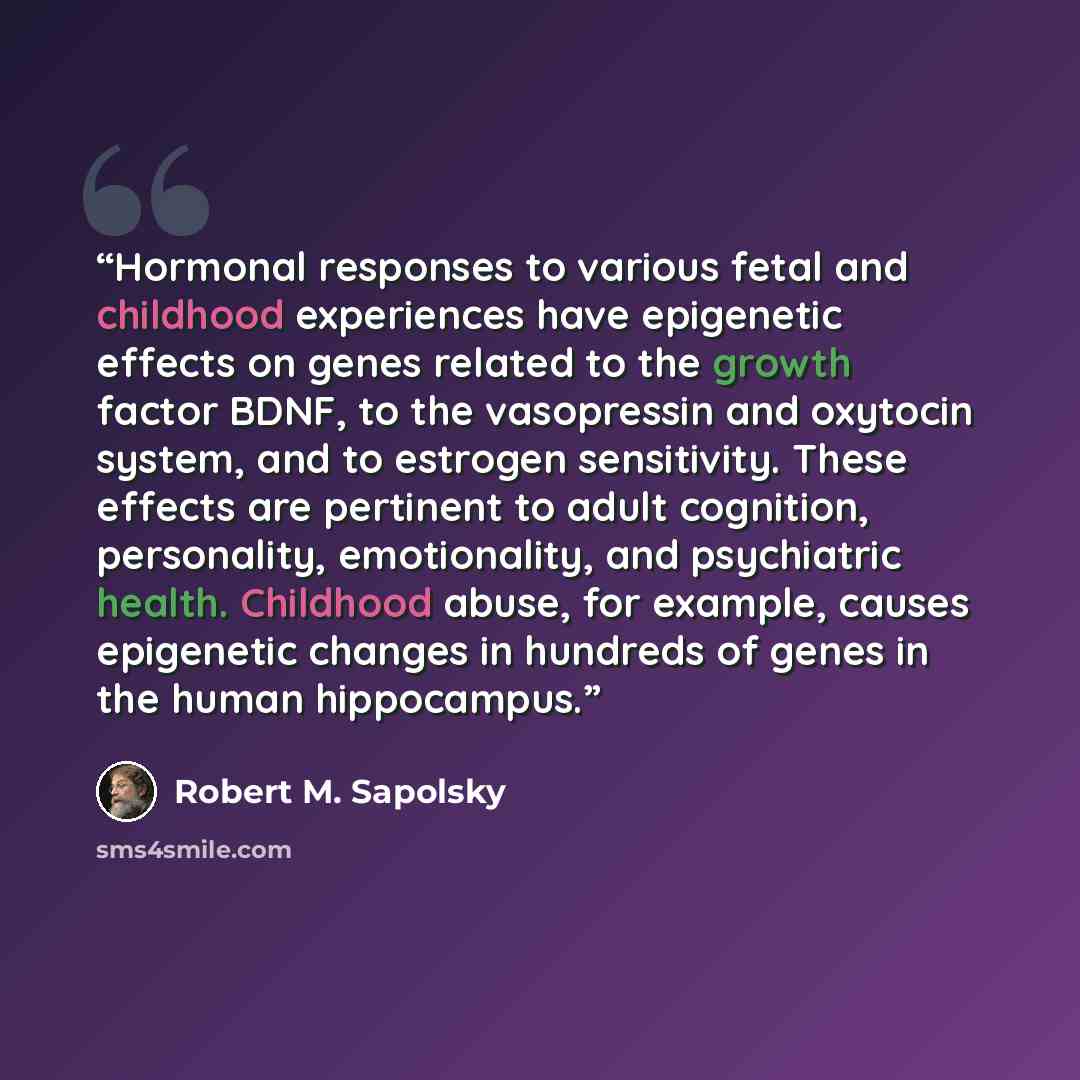 “Hormonal responses to various fetal and childhood experiences have epigenetic effects on genes related to the growth factor BDNF, to the vasopressin and oxytocin system, and to estrogen sensitivity. These effects are pertinent to adult cognition, personality, emotionality, and psychiatric health…” quote by Robert M. Sapolsky