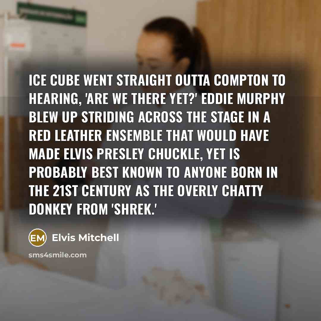 “Ice Cube went straight outta Compton to hearing, 'Are we there yet?' Eddie Murphy blew up striding across the stage in a red leather ensemble that would have made Elvis Presley chuckle, yet is probably best known to anyone born in the 21st century as the overly chatty donkey from 'Shrek.'” quote by Elvis Mitchell