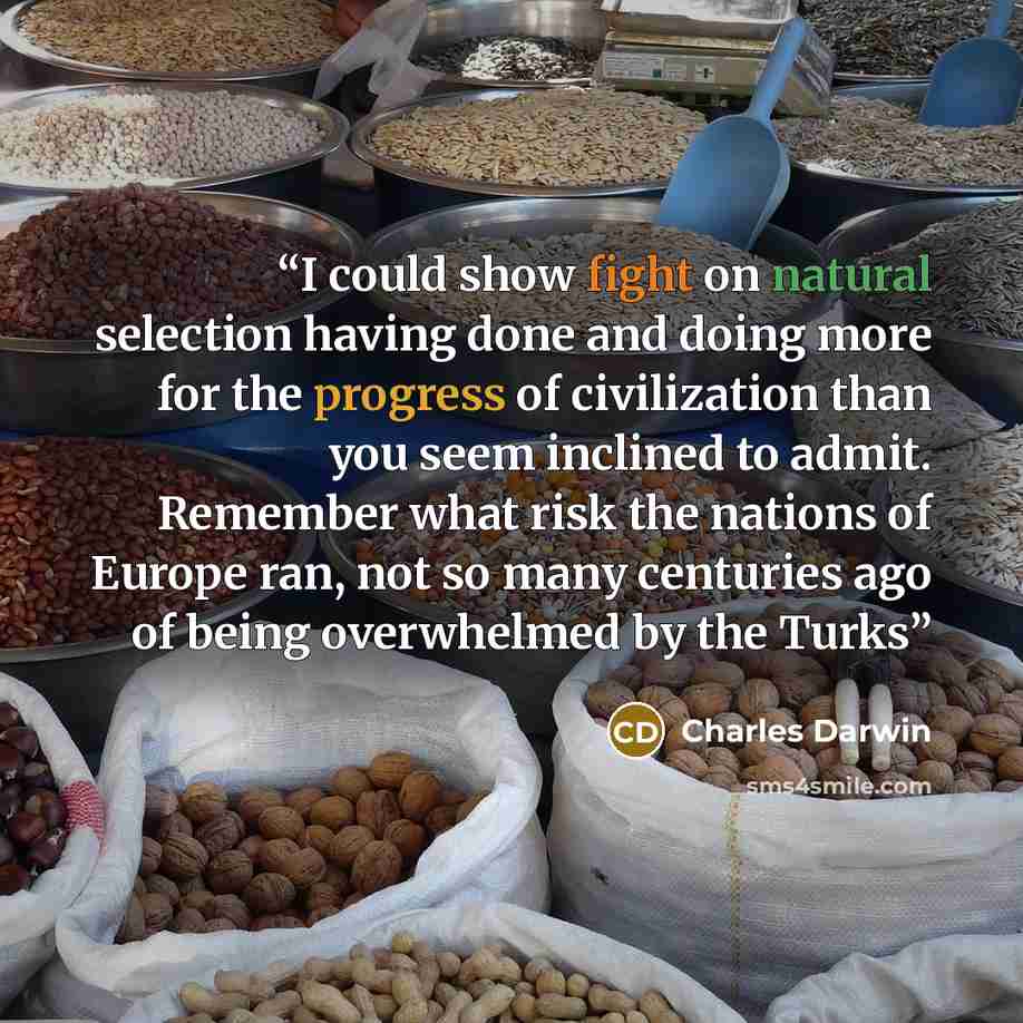 “I could show fight on natural selection having done and doing more for the progress of civilization than you seem inclined to admit. Remember what risk the nations of Europe ran, not so many centuries ago of being overwhelmed by the Turks” quote by Charles Darwin