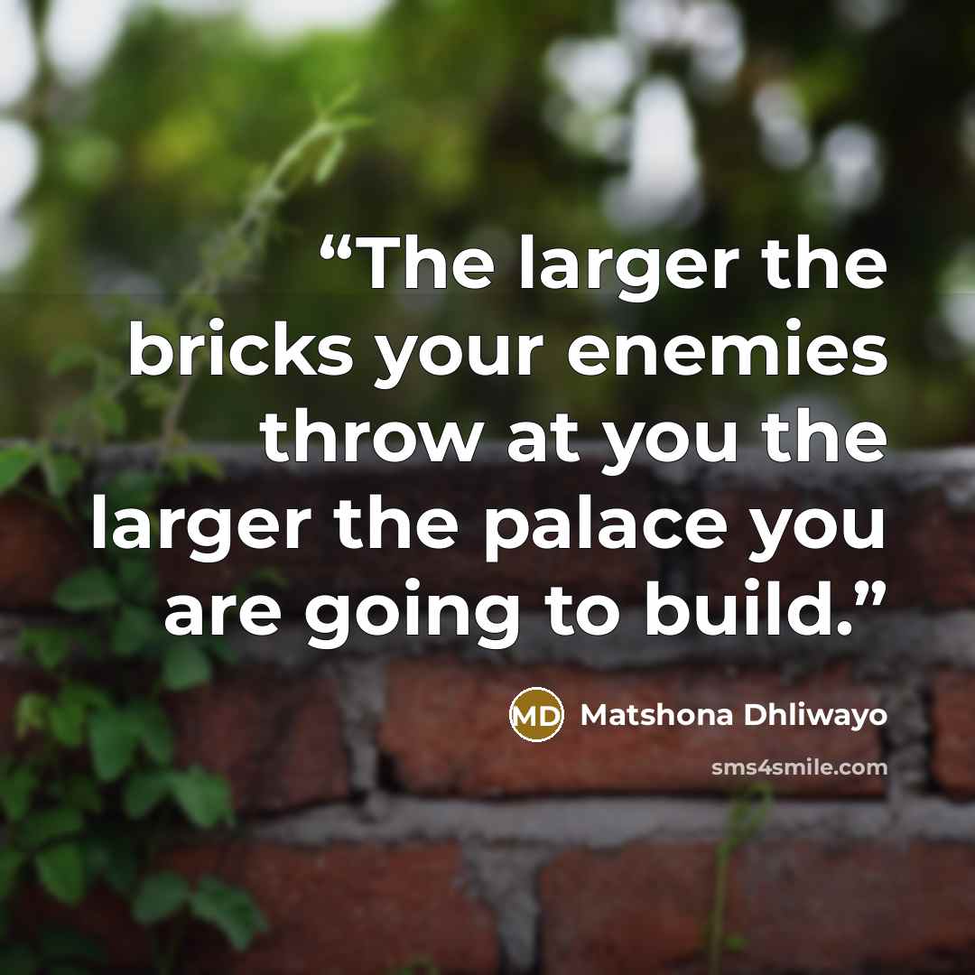 “The larger the bricks your enemies throw at you the larger the palace you are going to build.” quote by Matshona Dhliwayo
