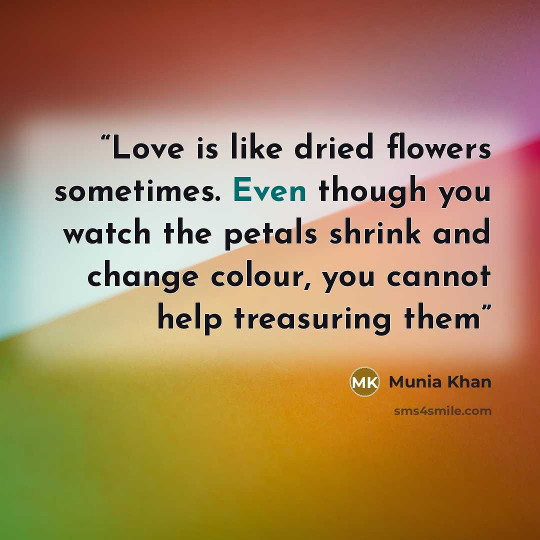 “Love is like dried flowers sometimes. Even though you watch the petals shrink and change colour, you cannot help treasuring them” quote by Munia Khan