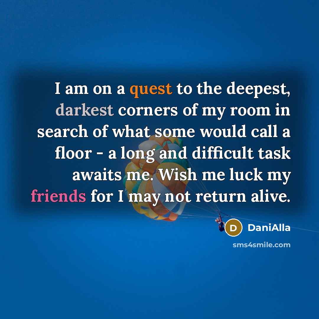 “I am on a quest to the deepest, darkest corners of my room in search of what some would call a floor - a long and difficult task awaits me. Wish me luck my friends for I may not return alive.” quote by DaniAlla