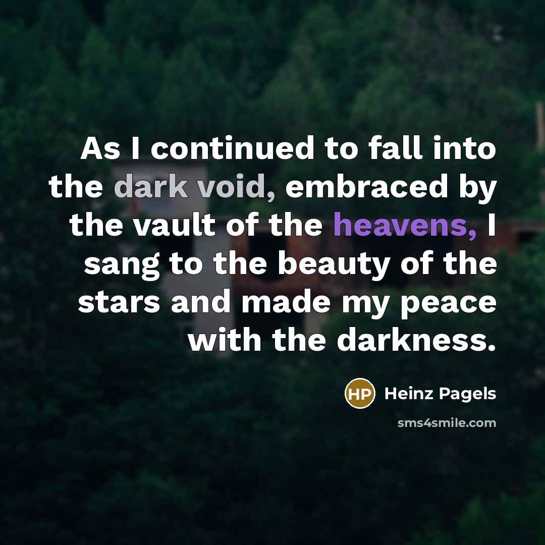 “As I continued to fall into the dark void, embraced by the vault of the heavens, I sang to the beauty of the stars and made my peace with the darkness.” quote by Heinz Pagels