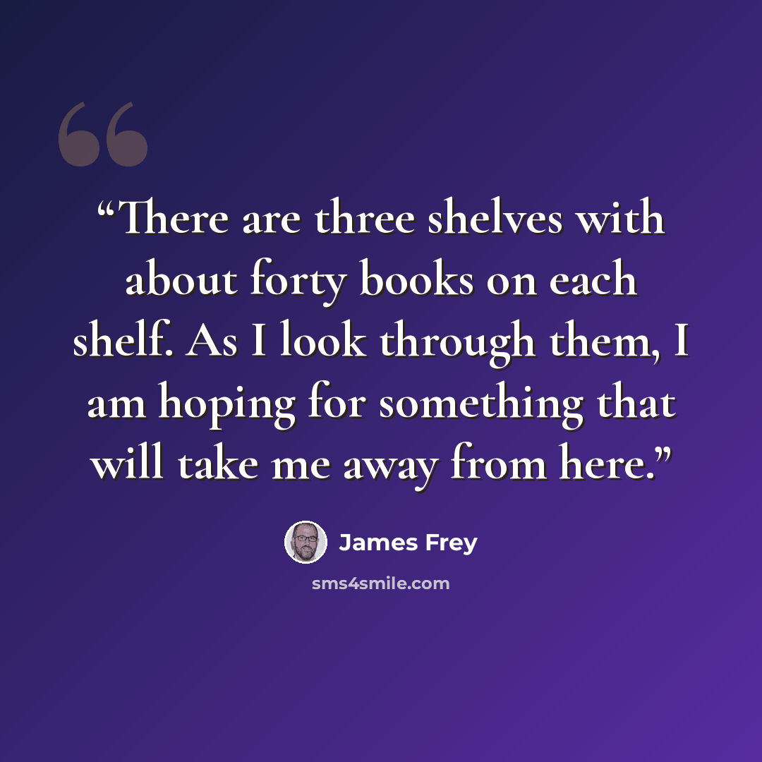 “There are three shelves with about forty books on each shelf. As I look through them, I am hoping for something that will take me away from here.” quote by James Frey