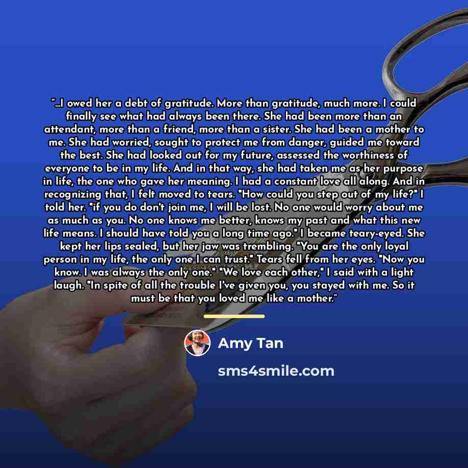 “...I owed her a debt of gratitude. More than gratitude, much more. I could finally see what had always been there. She had been more than an attendant, more than a friend, more than a sister. She had been a mother to me. She had worried, sought to protect me from danger, guided me toward the best…” quote by Amy Tan