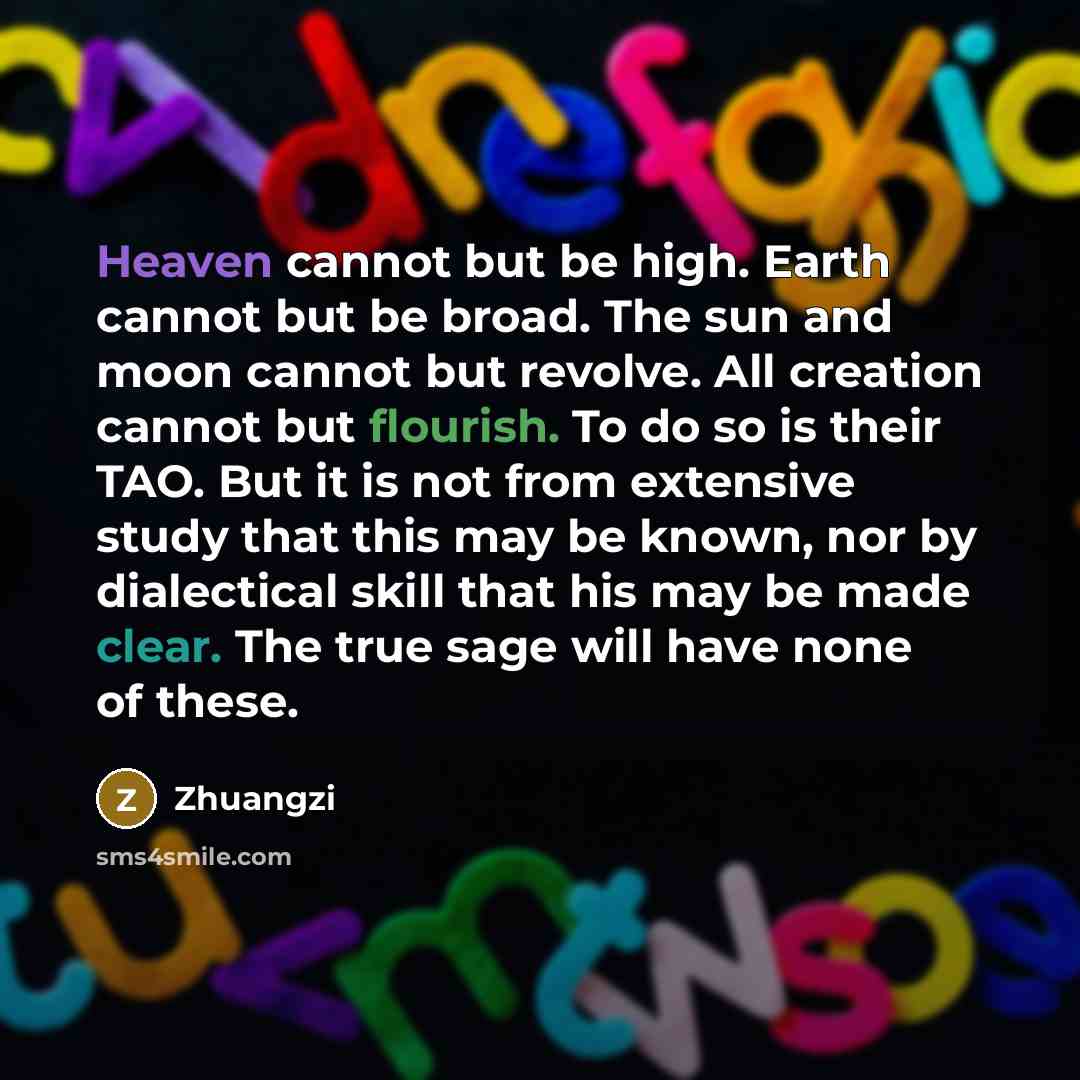 “Heaven cannot but be high. Earth cannot but be broad. The sun and moon cannot but revolve. All creation cannot but flourish. To do so is their TAO. But it is not from extensive study that this may be known, nor by dialectical skill that his may be made clear. The true sage will have none of these.” quote by Zhuangzi