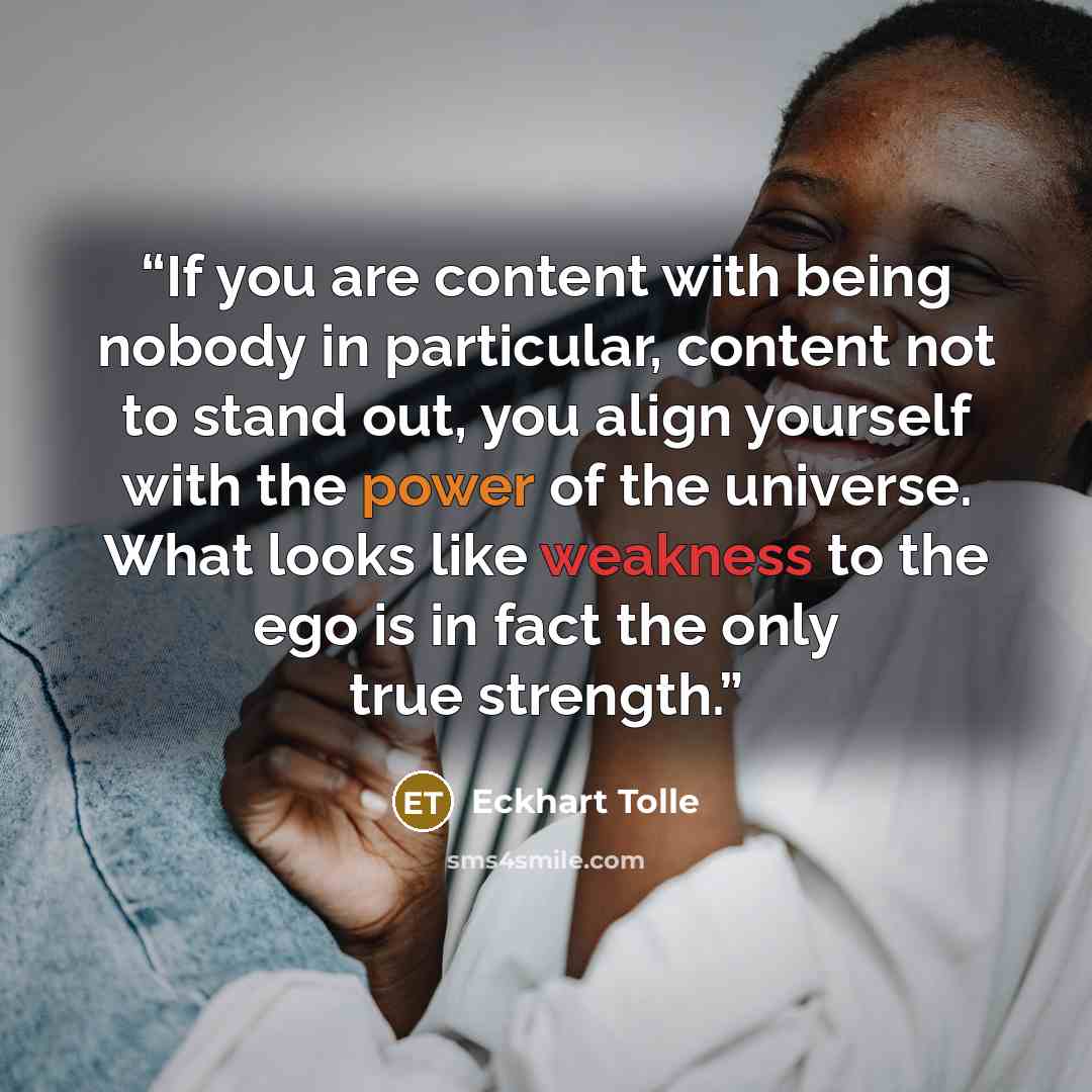 “If you are content with being nobody in particular, content not to stand out, you align yourself with the power of the universe. What looks like weakness to the ego is in fact the only true strength.” quote by Eckhart Tolle