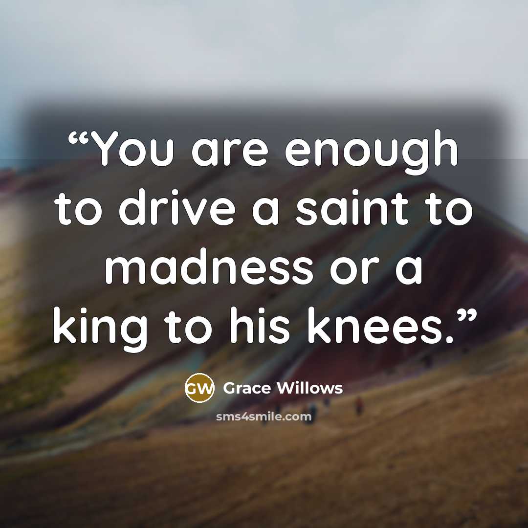 “You are enough to drive a saint to madness or a king to his knees.” quote by Grace Willows
