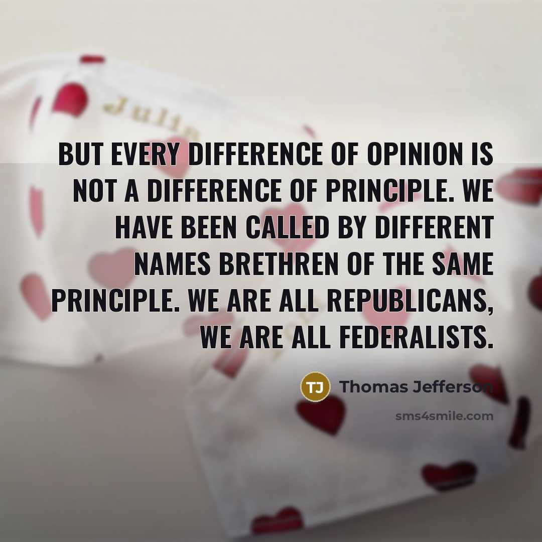 “But every difference of opinion is not a difference of principle. We have been called by different names brethren of the same principle. We are all Republicans, we are all Federalists.” quote by Thomas Jefferson