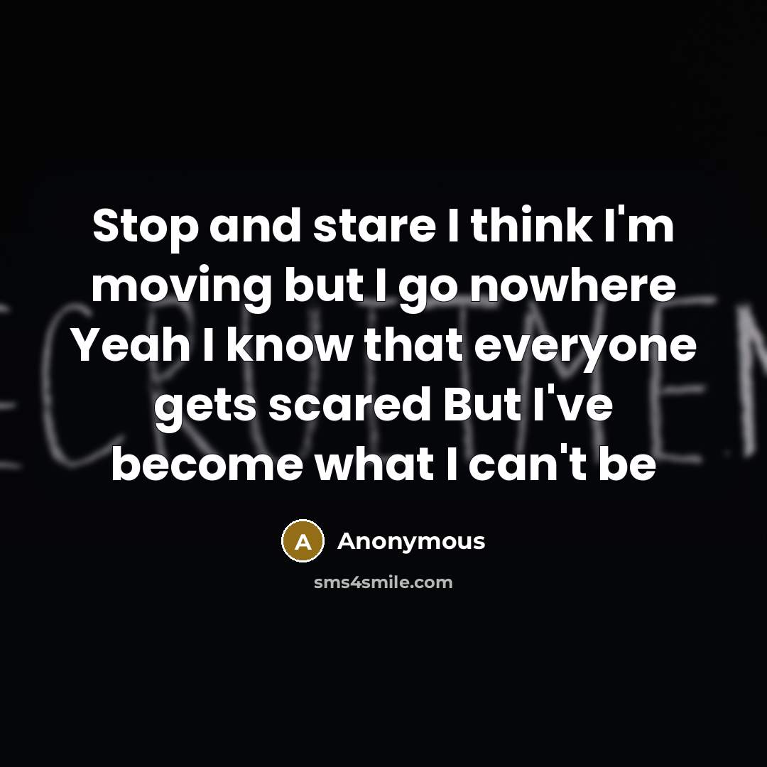 “Stop and stare I think I'm moving but I go nowhere Yeah I know that everyone gets scared But I've become what I can't be” quote by Anonymous