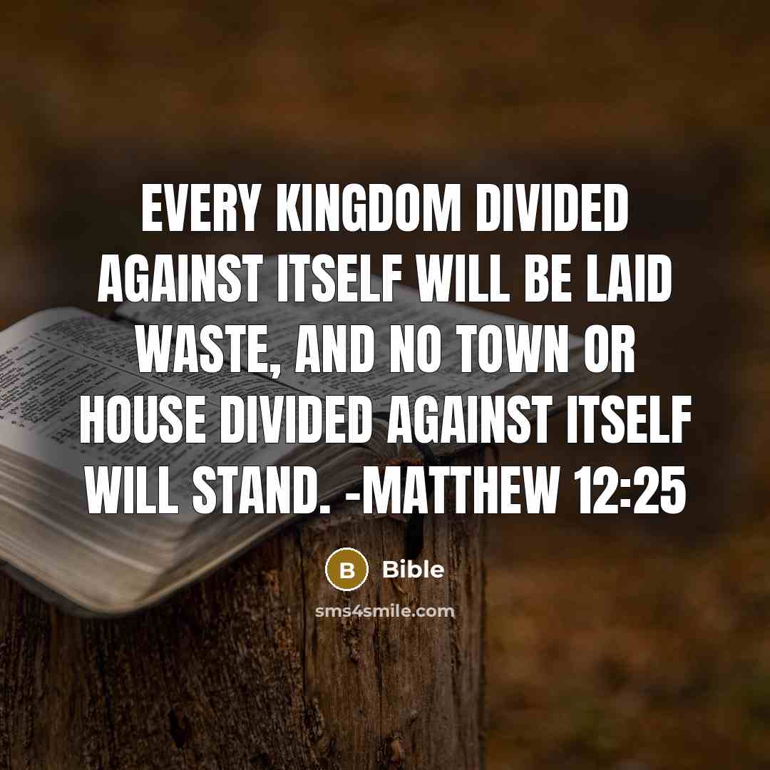“Every kingdom divided against itself will be laid waste, and no town or house divided against itself will stand. -Matthew 12:25” quote by Bible