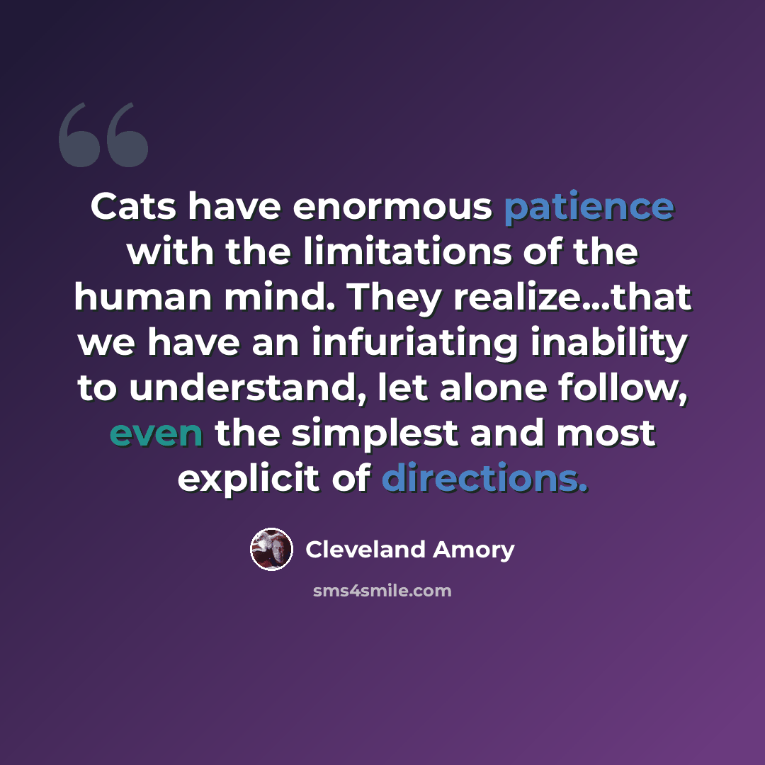 “Cats have enormous patience with the limitations of the human mind. They realize...that we have an infuriating inability to understand, let alone follow, even the simplest and most explicit of directions.” quote by Cleveland Amory