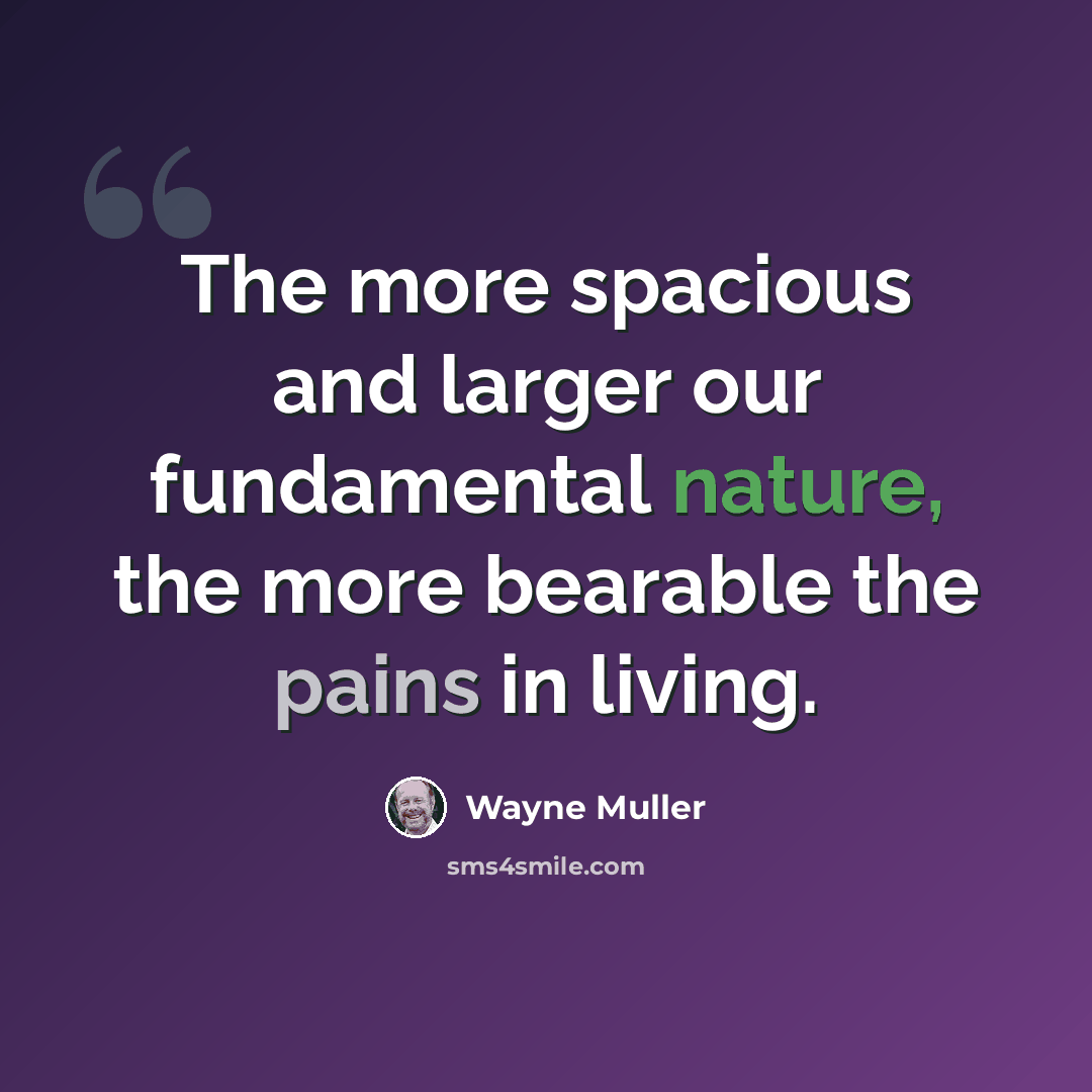 “The more spacious and larger our fundamental nature, the more bearable the pains in living.” quote by Wayne Muller