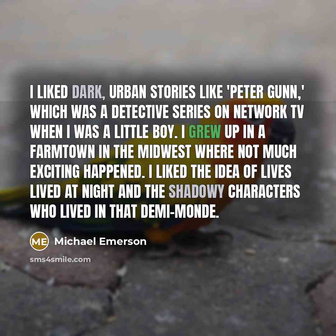 “I liked dark, urban stories like 'Peter Gunn,' which was a detective series on network TV when I was a little boy. I grew up in a farmtown in the Midwest where not much exciting happened. I liked the idea of lives lived at night and the shadowy characters who lived in that demi-monde.” quote by Michael Emerson