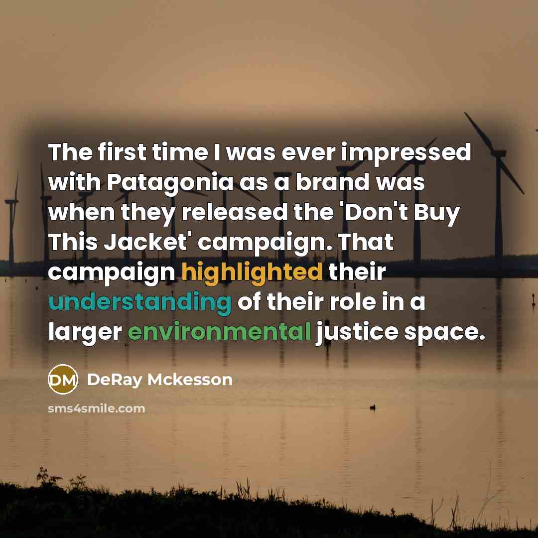 “The first time I was ever impressed with Patagonia as a brand was when they released the 'Don't Buy This Jacket' campaign. That campaign highlighted their understanding of their role in a larger environmental justice space.” quote by DeRay Mckesson