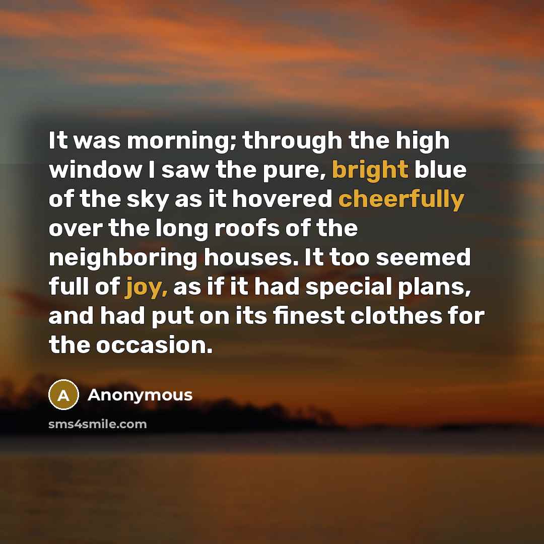 “It was morning; through the high window I saw the pure, bright blue of the sky as it hovered cheerfully over the long roofs of the neighboring houses. It too seemed full of joy, as if it had special plans, and had put on its finest clothes for the occasion.” quote by Anonymous