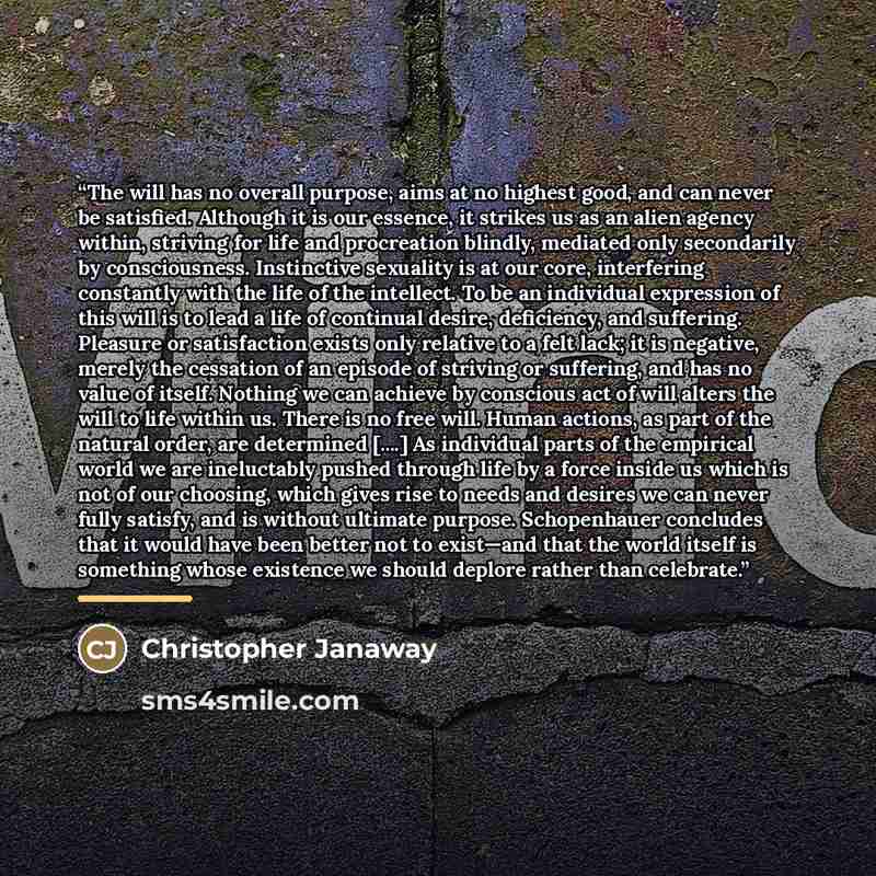 “The will has no overall purpose, aims at no highest good, and can never be satisfied. Although it is our essence, it strikes us as an alien agency within, striving for life and procreation blindly, mediated only secondarily by consciousness. Instinctive sexuality is at our core, interfering…” quote by Christopher Janaway