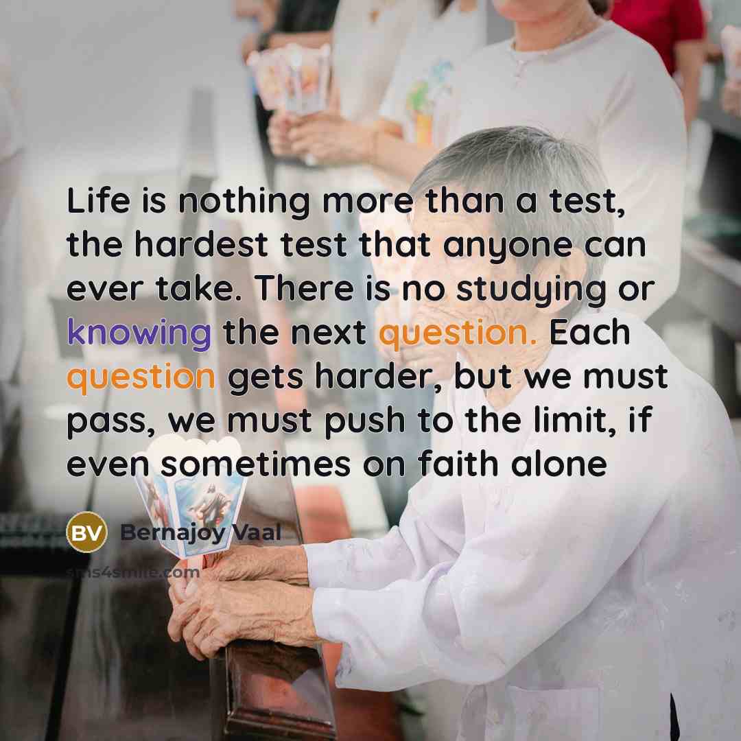 “Life is nothing more than a test, the hardest test that anyone can ever take. There is no studying or knowing the next question. Each question gets harder, but we must pass, we must push to the limit, if even sometimes on faith alone” quote by Bernajoy Vaal