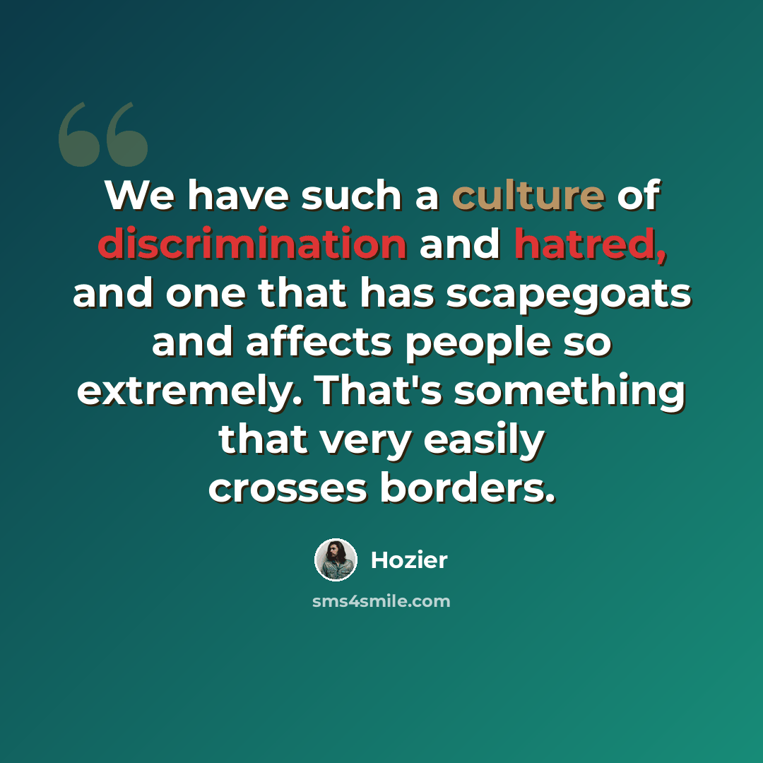 “We have such a culture of discrimination and hatred, and one that has scapegoats and affects people so extremely. That's something that very easily crosses borders.” quote by Hozier