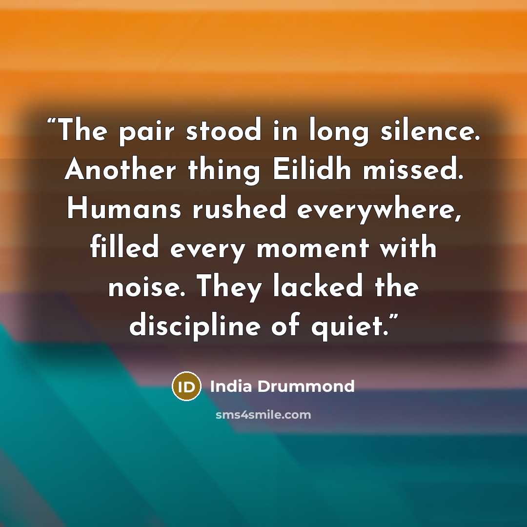 “The pair stood in long silence. Another thing Eilidh missed. Humans rushed everywhere, filled every moment with noise. They lacked the discipline of quiet.” quote by India Drummond