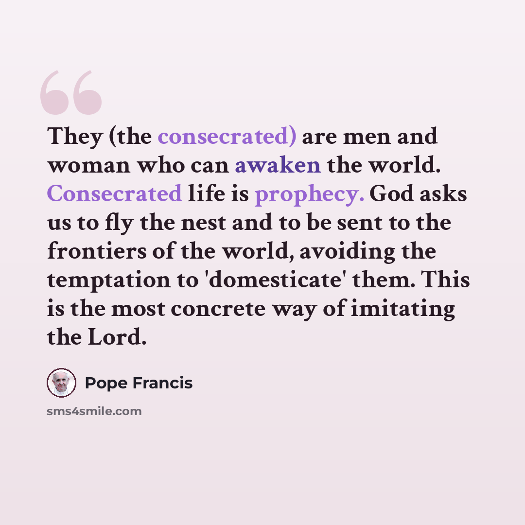 “They (the consecrated) are men and woman who can awaken the world. Consecrated life is prophecy. God asks us to fly the nest and to be sent to the frontiers of the world, avoiding the temptation to 'domesticate' them. This is the most concrete way of imitating the Lord.” quote by Pope Francis
