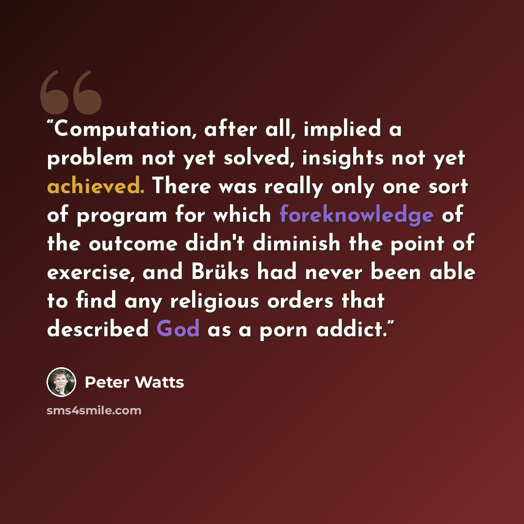 “Computation, after all, implied a problem not yet solved, insights not yet achieved. There was really only one sort of program for which foreknowledge of the outcome didn't diminish the point of exercise, and Brüks had never been able to find any religious orders that described God as a porn addict.” quote by Peter Watts