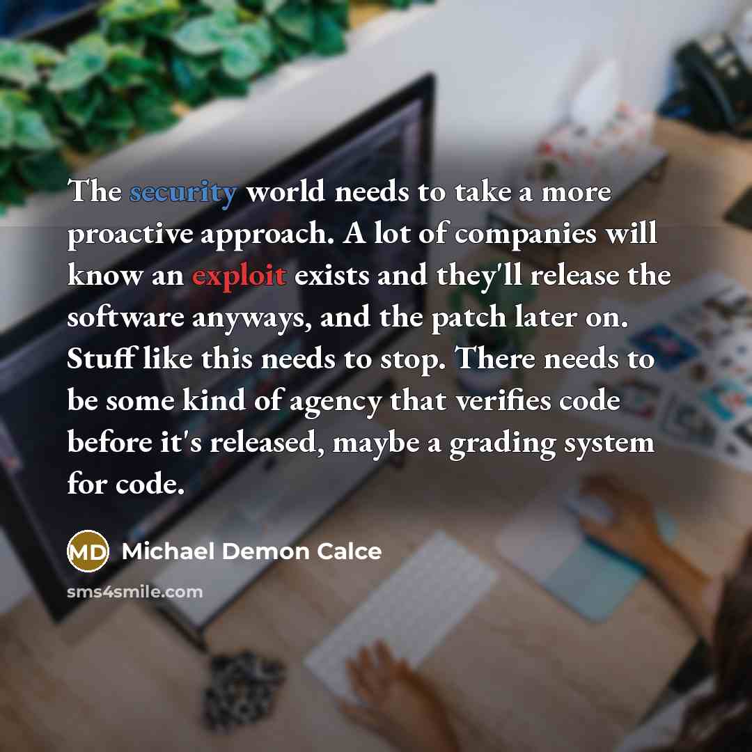 “The security world needs to take a more proactive approach. A lot of companies will know an exploit exists and they'll release the software anyways, and the patch later on. Stuff like this needs to stop. There needs to be some kind of agency that verifies code before it's released, maybe a grading…” quote by Michael Demon Calce