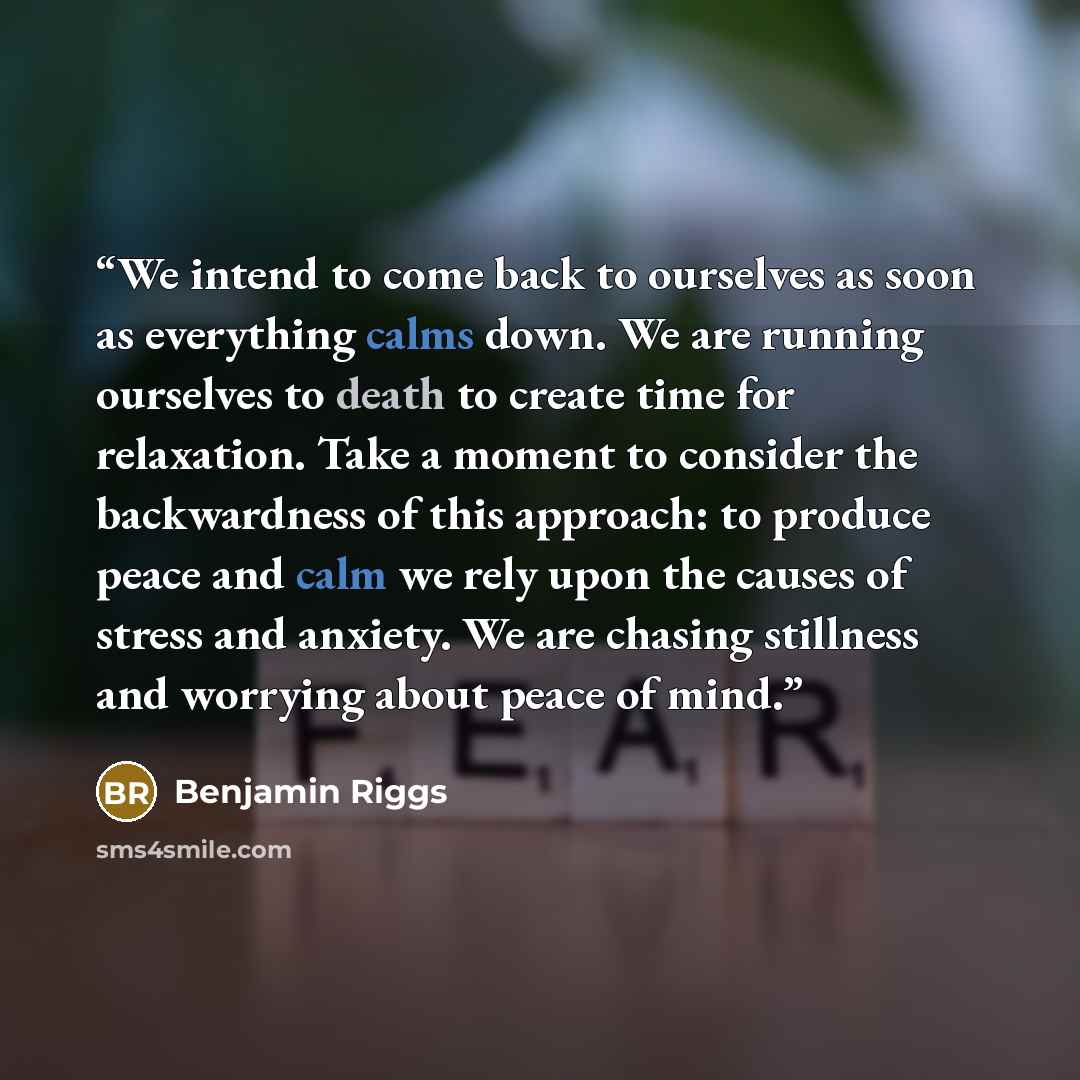 “We intend to come back to ourselves as soon as everything calms down. We are running ourselves to death to create time for relaxation. Take a moment to consider the backwardness of this approach: to produce peace and calm we rely upon the causes of stress and anxiety. We are chasing stillness and…” quote by Benjamin Riggs