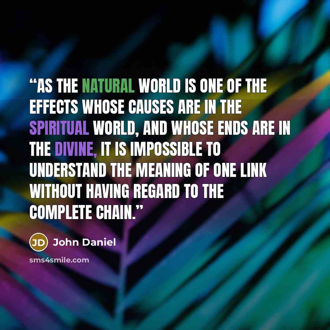 “As the natural world is one of the effects whose causes are in the spiritual world, and whose ends are in the Divine, it is impossible to understand the meaning of one link without having regard to the complete chain.” quote by John Daniel