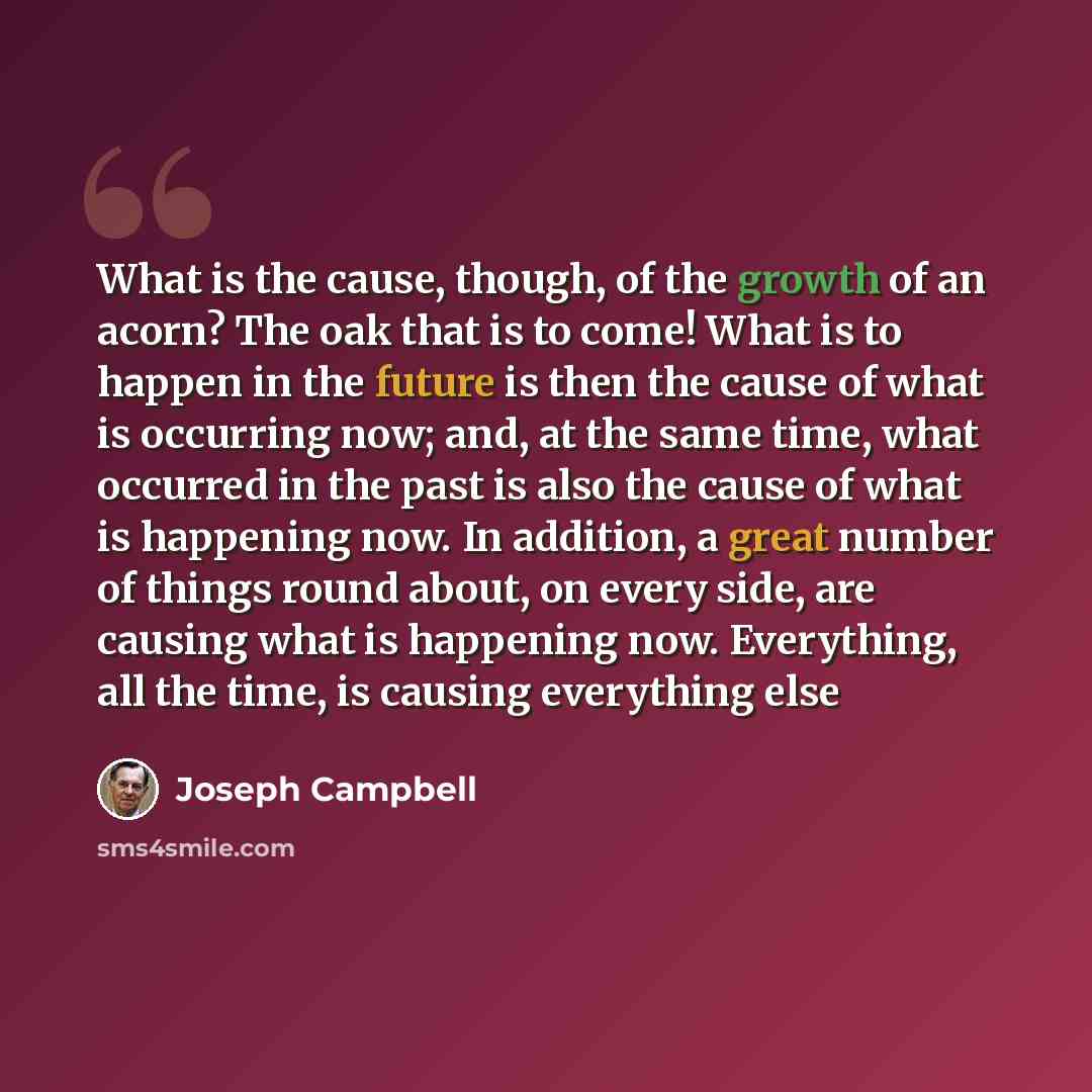 “What is the cause, though, of the growth of an acorn? The oak that is to come! What is to happen in the future is then the cause of what is occurring now; and, at the same time, what occurred in the past is also the cause of what is happening now. In addition, a great number of things round about…” quote by Joseph Campbell