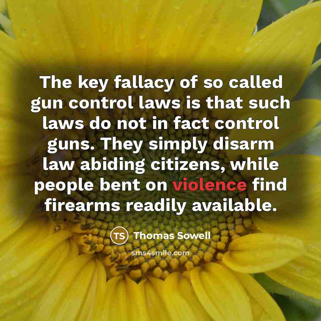 “The key fallacy of so called gun control laws is that such laws do not in fact control guns. They simply disarm law abiding citizens, while people bent on violence find firearms readily available.” quote by Thomas Sowell