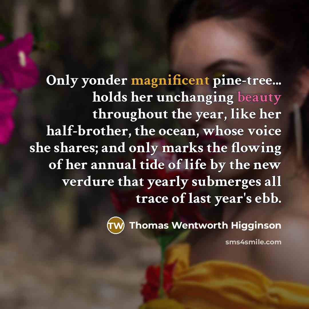 “Only yonder magnificent pine-tree... holds her unchanging beauty throughout the year, like her half-brother, the ocean, whose voice she shares; and only marks the flowing of her annual tide of life by the new verdure that yearly submerges all trace of last year's ebb.” quote by Thomas Wentworth Higginson