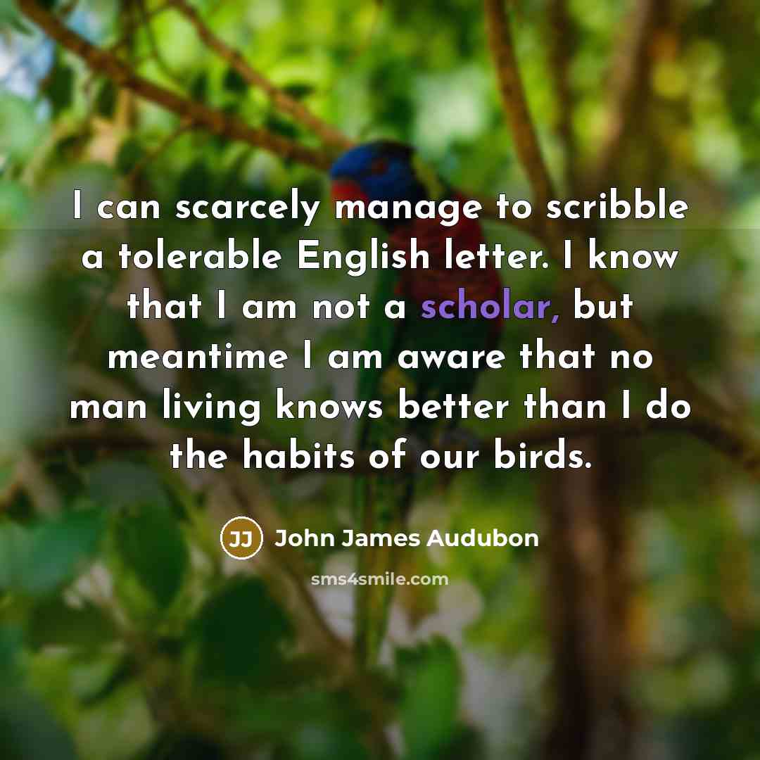 “I can scarcely manage to scribble a tolerable English letter. I know that I am not a scholar, but meantime I am aware that no man living knows better than I do the habits of our birds.” quote by John James Audubon