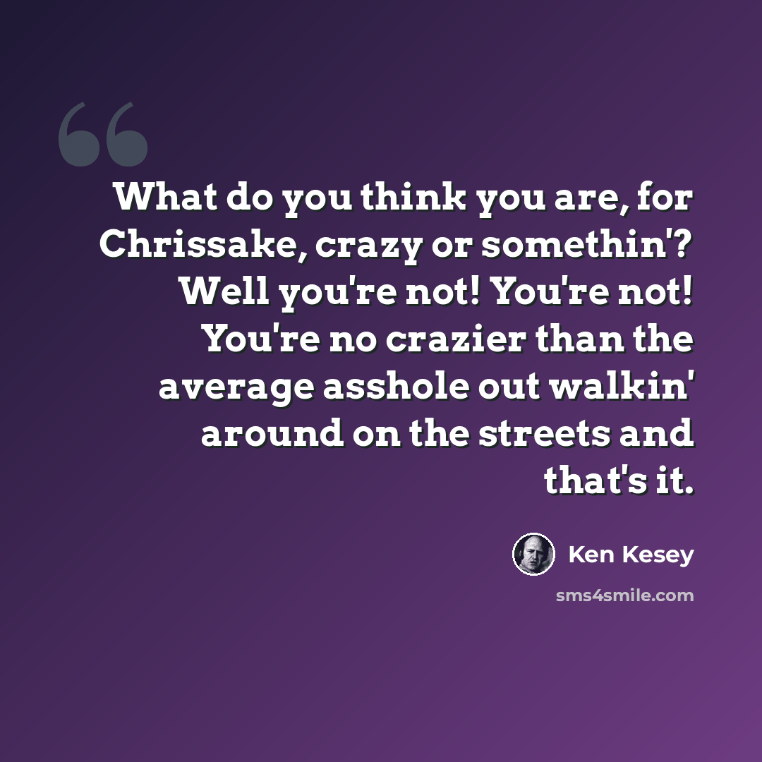 “What do you think you are, for Chrissake, crazy or somethin'? Well you're not! You're not! You're no crazier than the average asshole out walkin' around on the streets and that's it.” quote by Ken Kesey