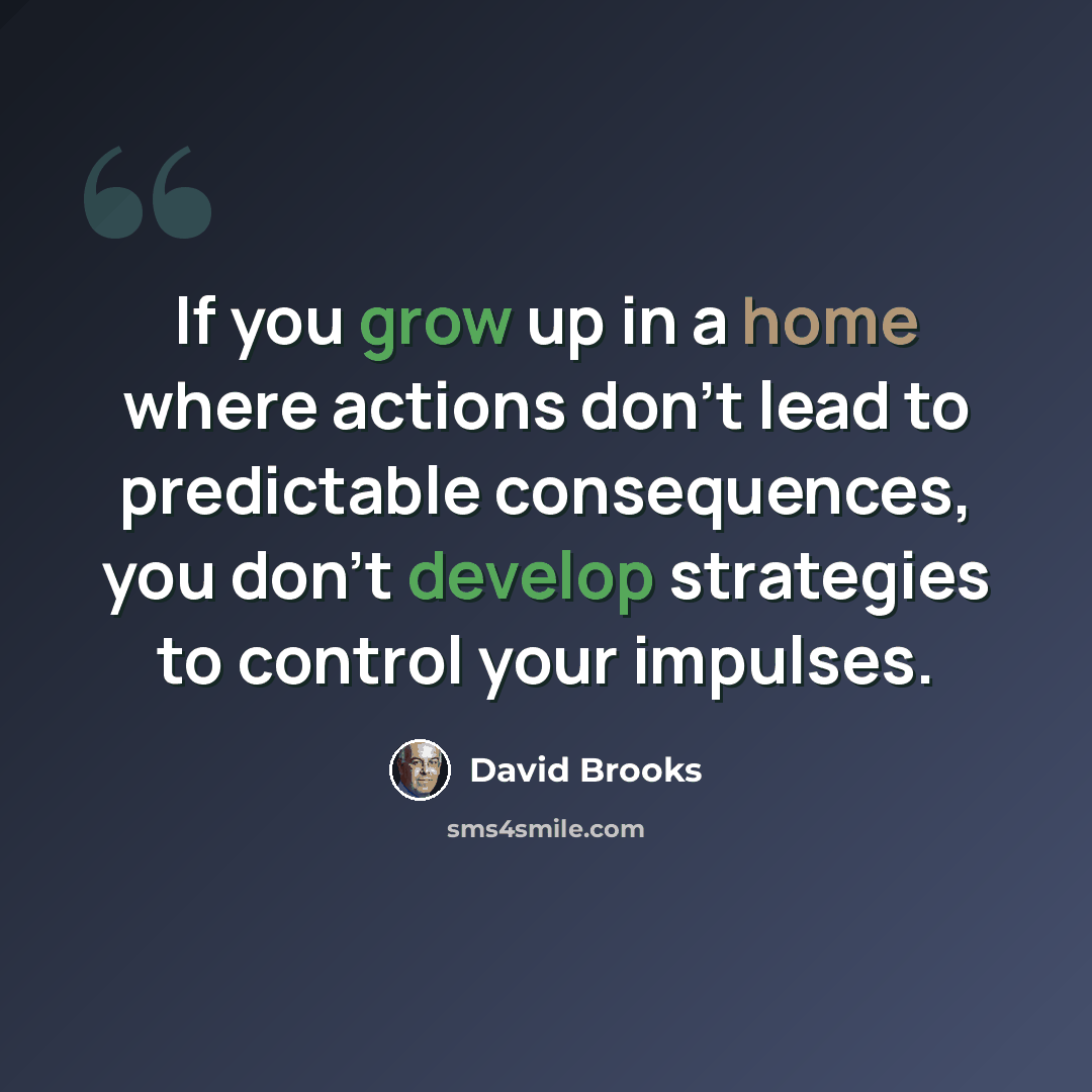 “If you grow up in a home where actions don't lead to predictable consequences, you don't develop strategies to control your impulses.” quote by David Brooks