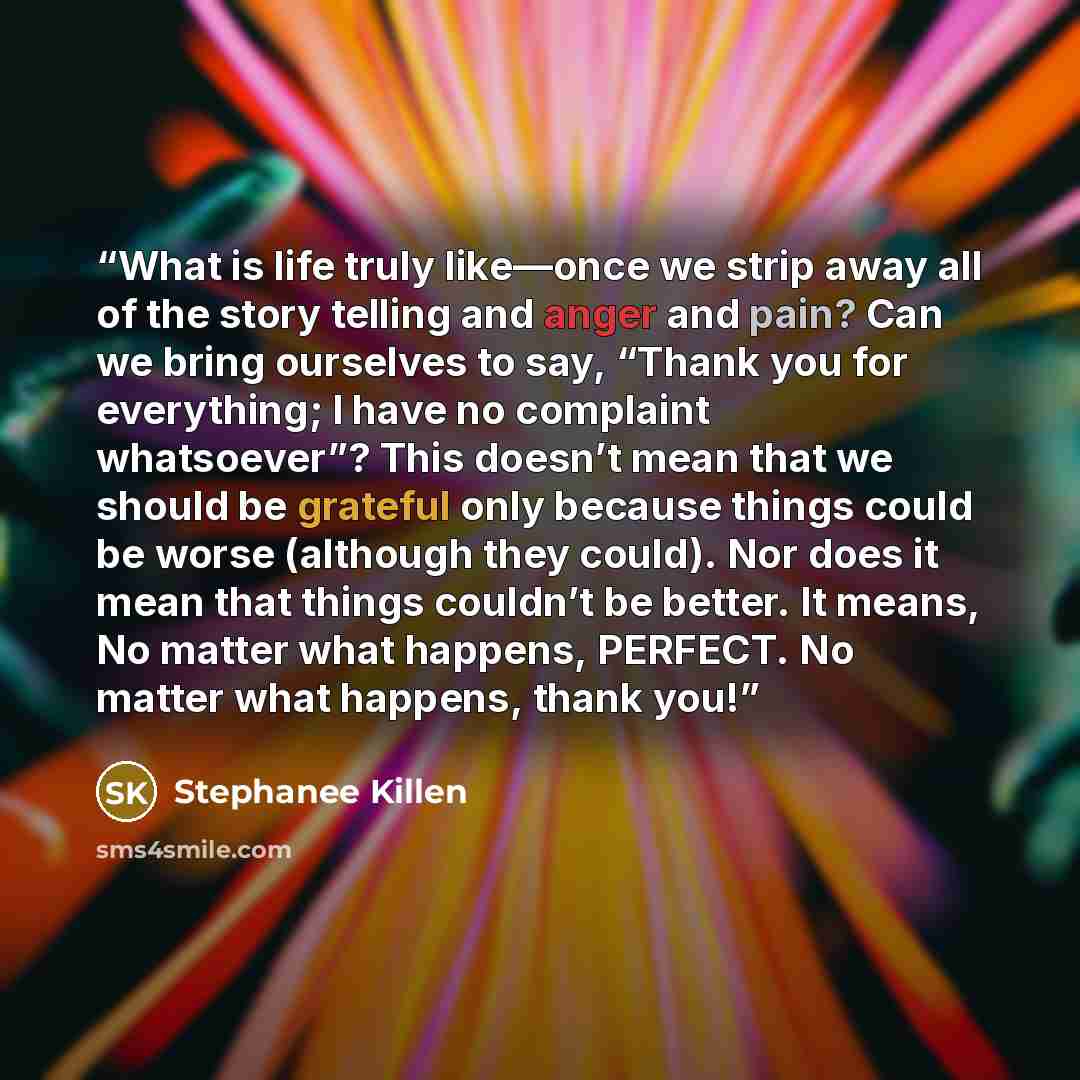 “What is life truly like—once we strip away all of the story telling and anger and pain? Can we bring ourselves to say, “Thank you for everything; I have no complaint whatsoever”? This doesn’t mean that we should be grateful only because things could be worse (although they could). Nor does it mean…” quote by Stephanee Killen