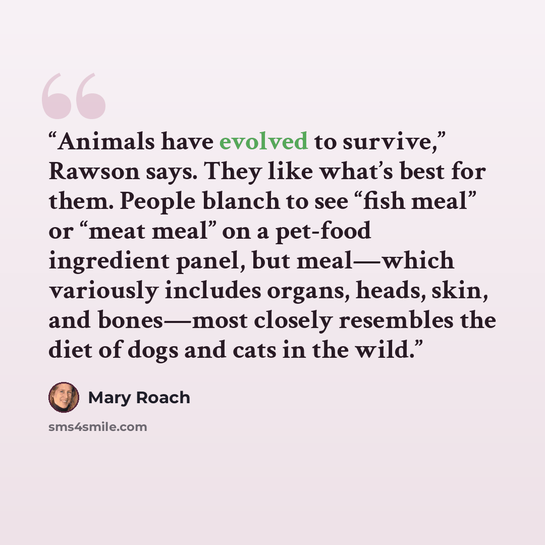 “Animals have evolved to survive,” Rawson says. They like what’s best for them. People blanch to see “fish meal” or “meat meal” on a pet-food ingredient panel, but meal—which variously includes organs, heads, skin, and bones—most closely resembles the diet of dogs and cats in the wild.” quote by Mary Roach