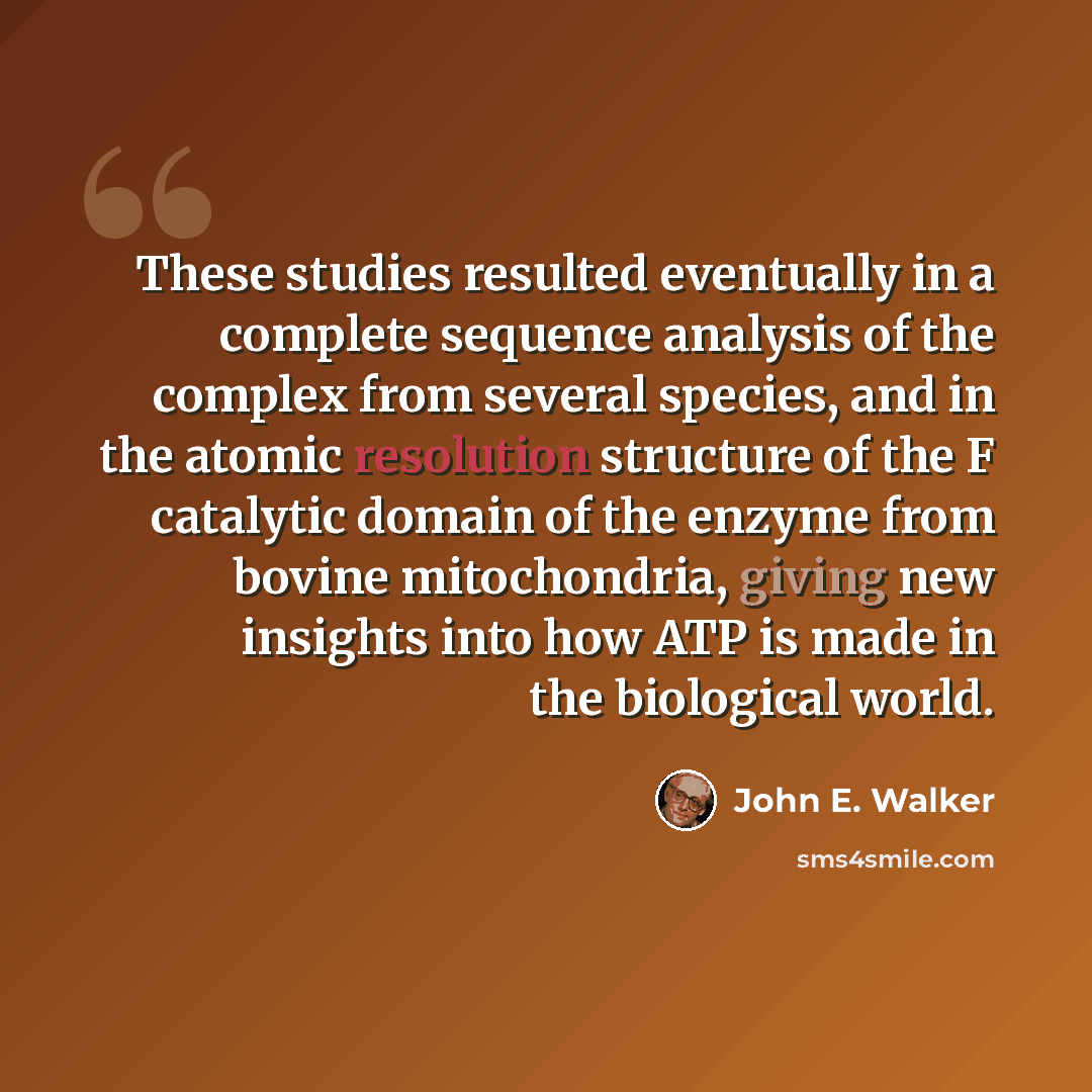 “These studies resulted eventually in a complete sequence analysis of the complex from several species, and in the atomic resolution structure of the F catalytic domain of the enzyme from bovine mitochondria, giving new insights into how ATP is made in the biological world.” quote by John E. Walker