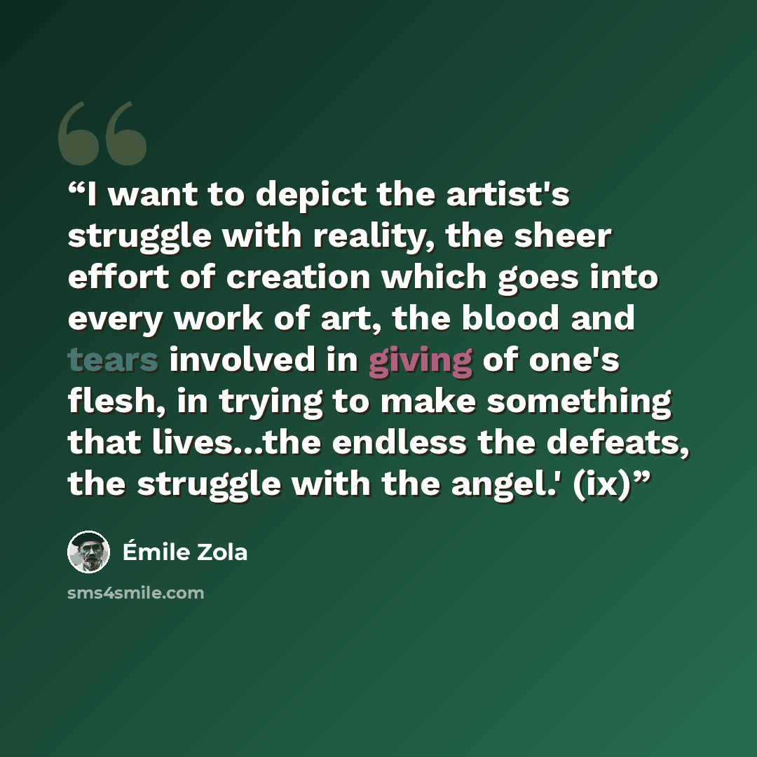 “I want to depict the artist's struggle with reality, the sheer effort of creation which goes into every work of art, the blood and tears involved in giving of one's flesh, in trying to make something that lives...the endless the defeats, the struggle with the angel.' (ix)” quote by Émile Zola