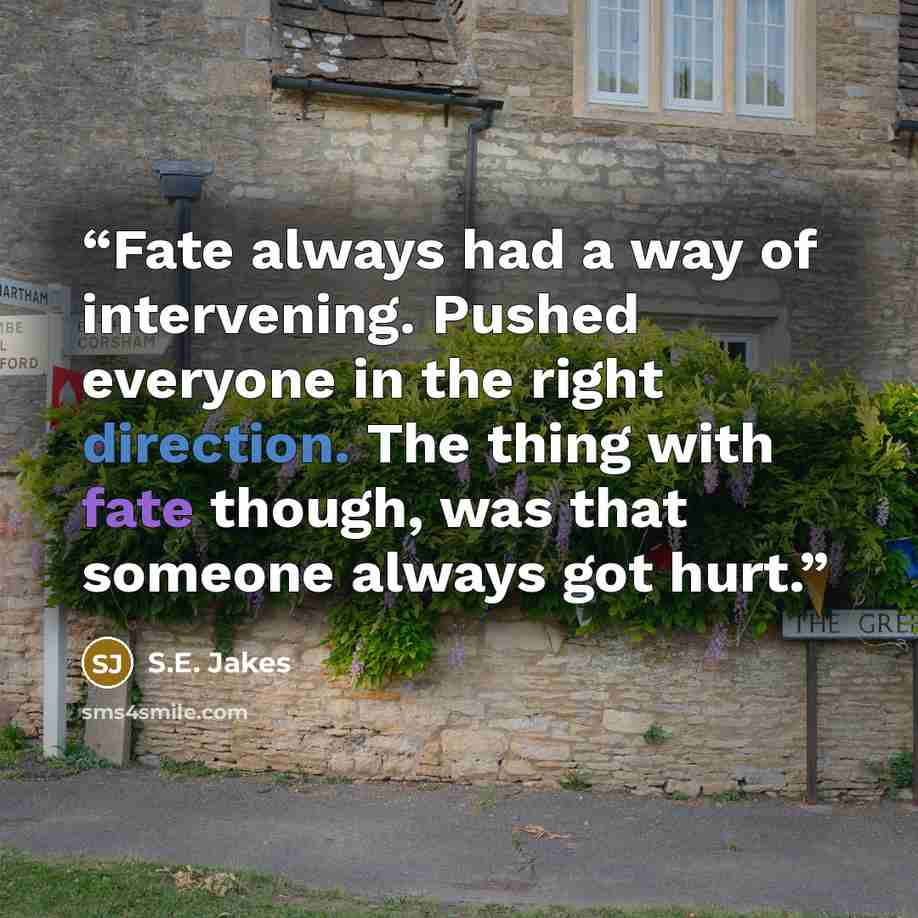 “Fate always had a way of intervening. Pushed everyone in the right direction. The thing with fate though, was that someone always got hurt.” quote by S.E. Jakes