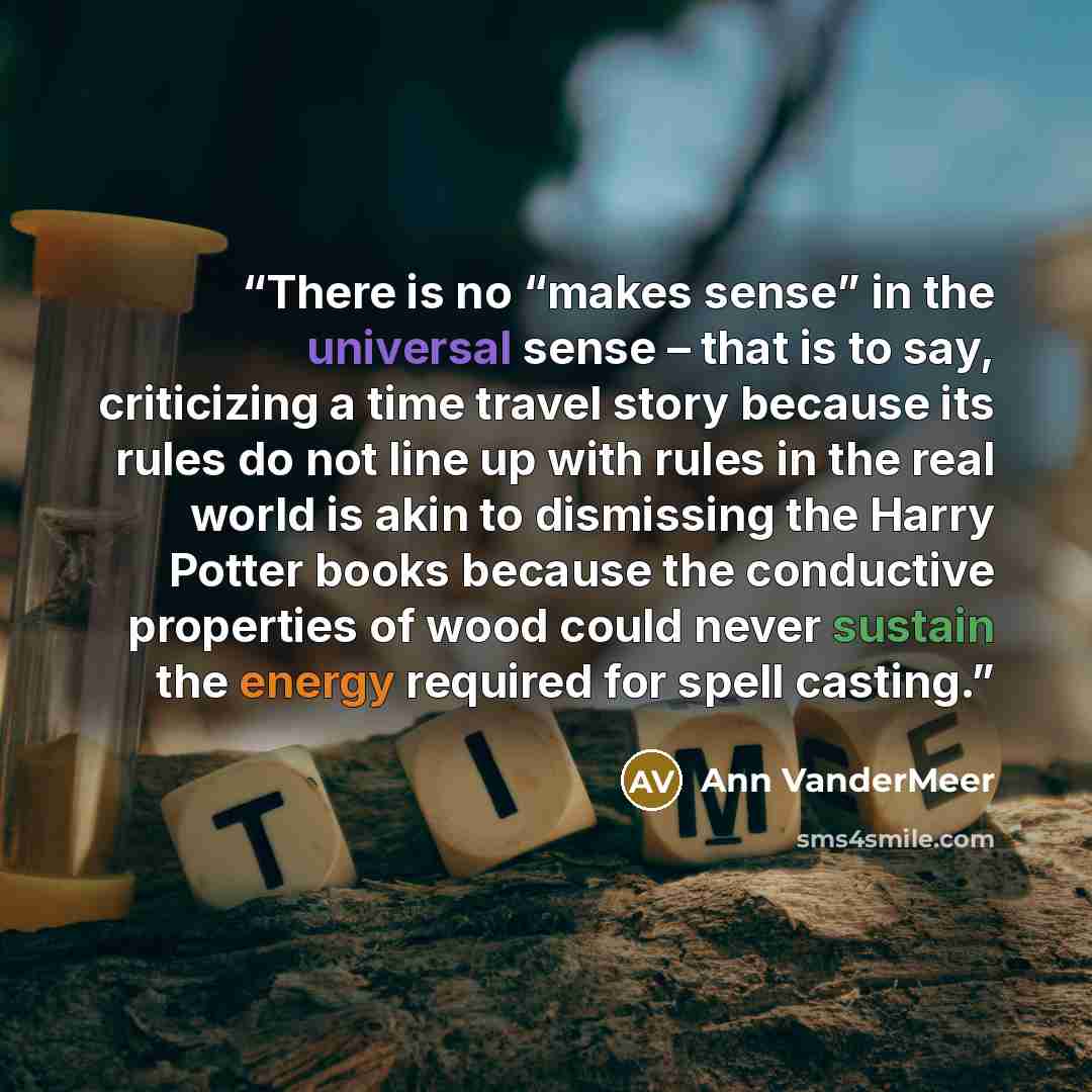 “There is no “makes sense” in the universal sense – that is to say, criticizing a time travel story because its rules do not line up with rules in the real world is akin to dismissing the Harry Potter books because the conductive properties of wood could never sustain the energy required for spell…” quote by Ann VanderMeer