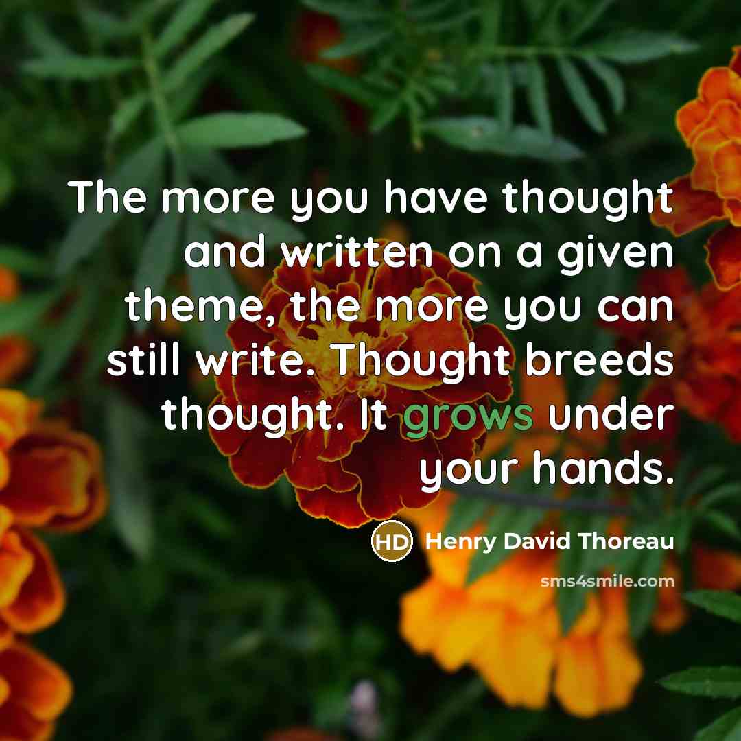 “The more you have thought and written on a given theme, the more you can still write. Thought breeds thought. It grows under your hands.” quote by Henry David Thoreau