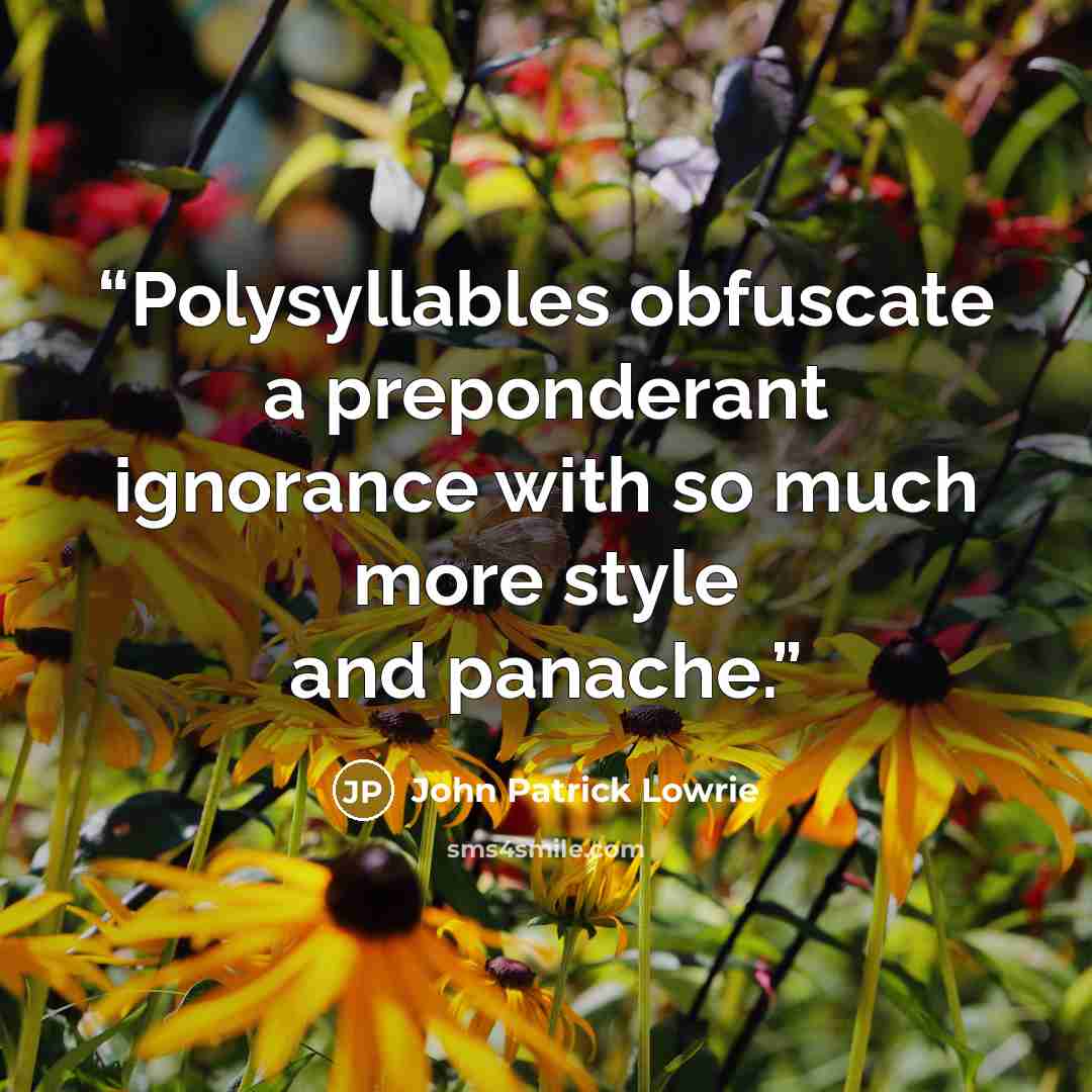 “Polysyllables obfuscate a preponderant ignorance with so much more style and panache.” quote by John Patrick Lowrie