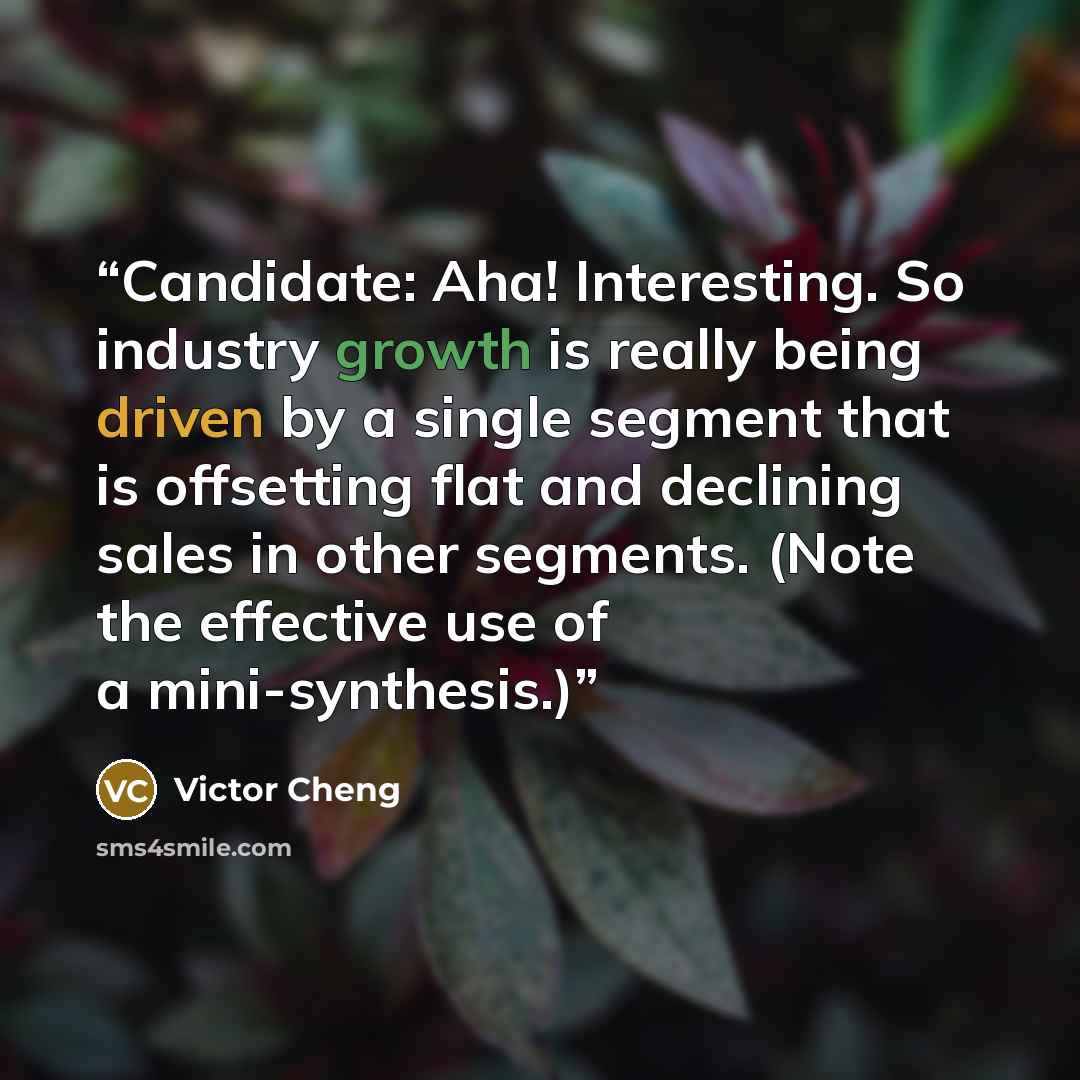 “Candidate: Aha! Interesting. So industry growth is really being driven by a single segment that is offsetting flat and declining sales in other segments. (Note the effective use of a mini-synthesis.)” quote by Victor Cheng