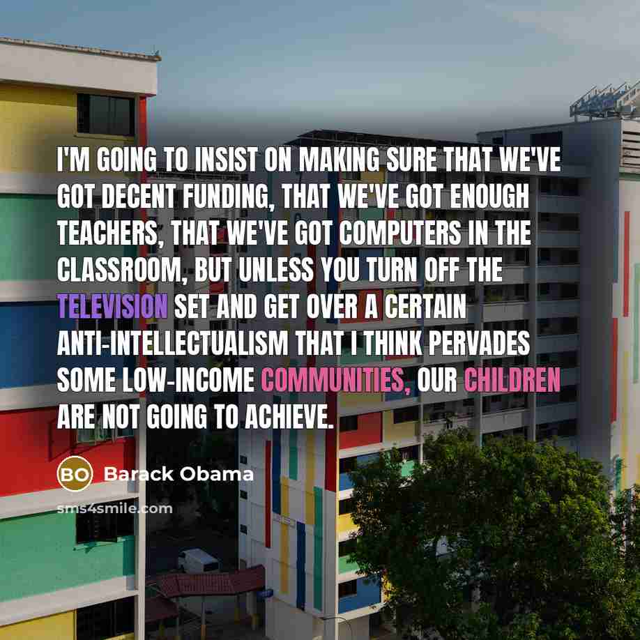 “I'm going to insist on making sure that we've got decent funding, that we've got enough teachers, that we've got computers in the classroom, but unless you turn off the television set and get over a certain anti-intellectualism that I think pervades some low-income communities, our children are…” quote by Barack Obama
